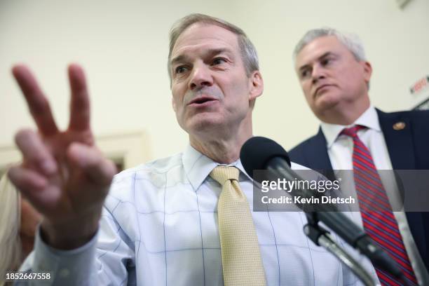 House Judiciary Committee Chairman Jim Jordan and House Oversight and Accountability Committee Chairman James Comer speaks to the media in the...