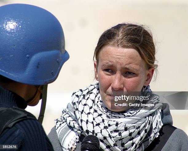 American peace activist Rachel Corrie speaks during an interview with MBC Saudi Arabia television March 14, 2003 in the Rafah refugee camp in the...