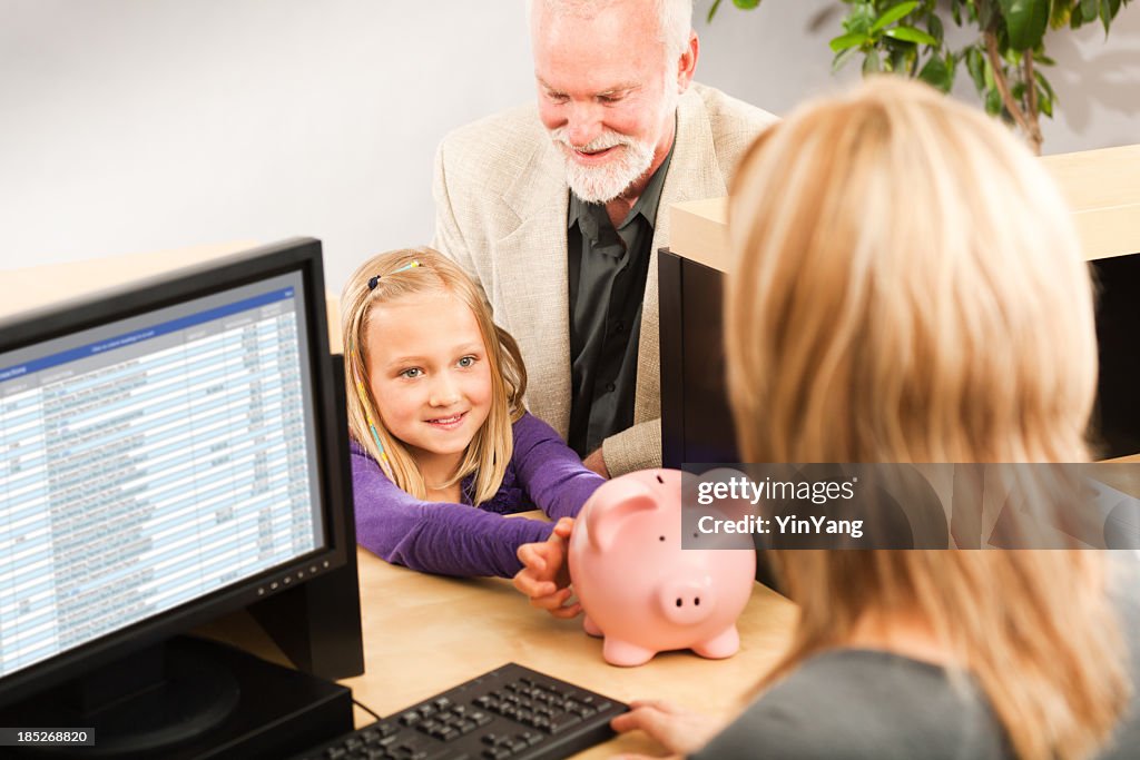Child Handing Coin Piggy Bank, Opening Bank Account with Teller