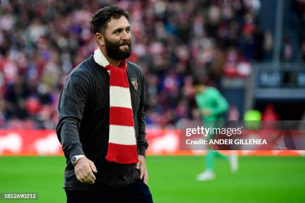 Reining Masters champion, Spanish golfer Jon Rahm leaves the pitch after making the honorary kickoff ahead of the Spanish league football match...