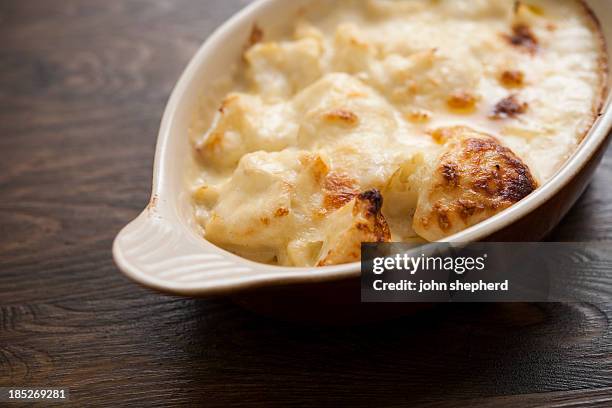 bowl of freshly baked cauliflower cheese - cheese sauce stock pictures, royalty-free photos & images