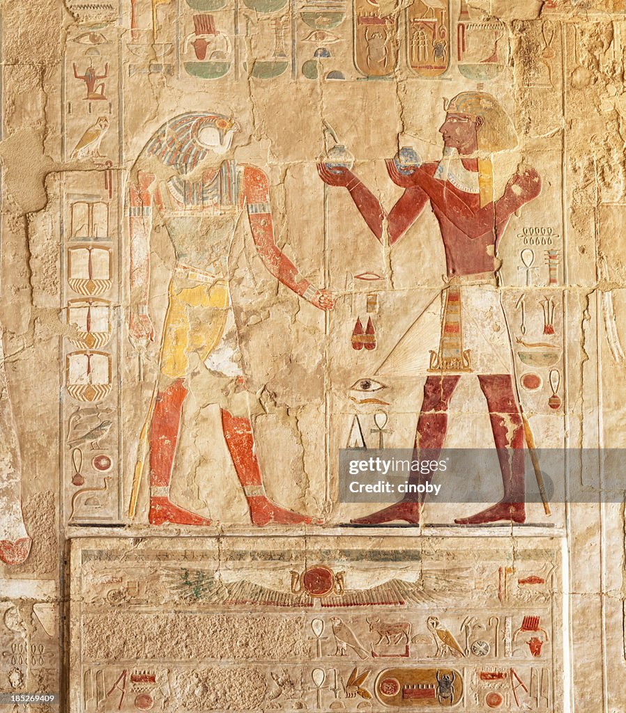 Hieroglyphs on an Egyptian funerary stela of Hatshepsut Temple