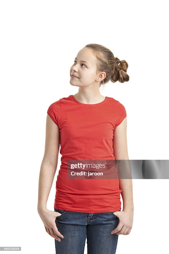 Happy teenager girl in red tshirt
