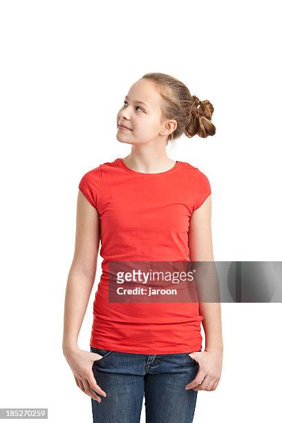 happy teenager girl in red tshirt - cute 15 year old girls stock pictures, royalty-free photos & images