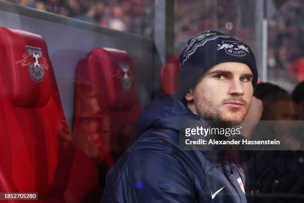Timo Werner of RB Leipzig looks on from the substitutes bench prior to the UEFA Champions League match between RB Leipzig and BSC Young Boys at Red...