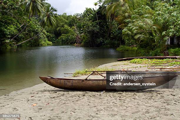 canoe with tropical forest background - west papua stock pictures, royalty-free photos & images