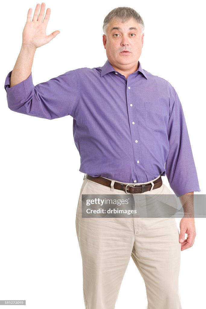 Uncertain Mature Man Raises Hand