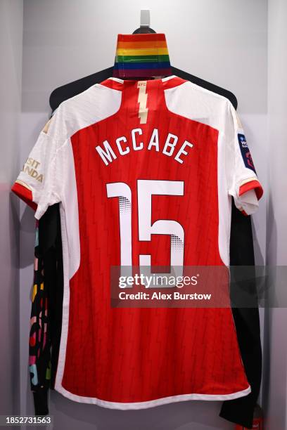 The rainbow coloured captain's armband is displayed with the shirt of Katie McCabe inside the Arsenal dressing room prior to the FA Women's...