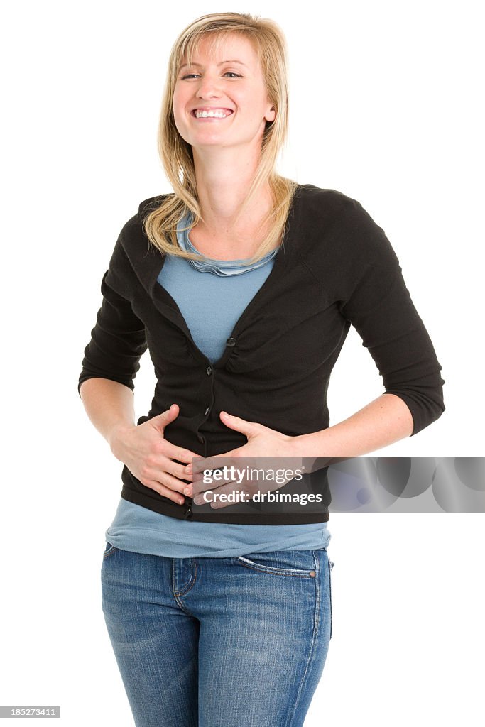 Happy Woman Holding Stomach