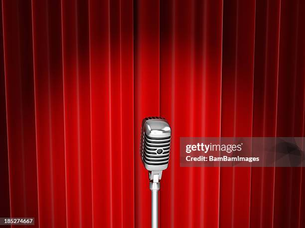 vector of microphone with spotlight against red curtain - stage with red curtain stock pictures, royalty-free photos & images