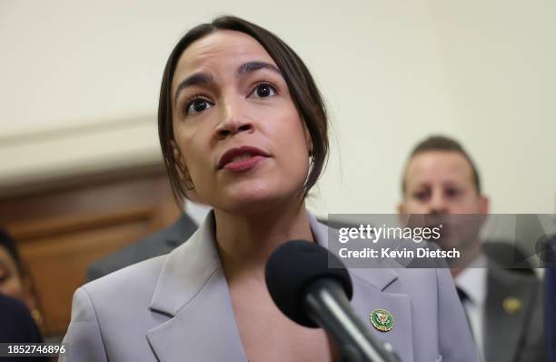 House Oversight and Accountability Committee member Rep. Alexandria Ocasio-Cortez speaks to reporters as she is joined by fellow House Democrats in...