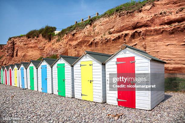 jurassic coast beach huts, budleigh, devon - budleigh stock pictures, royalty-free photos & images