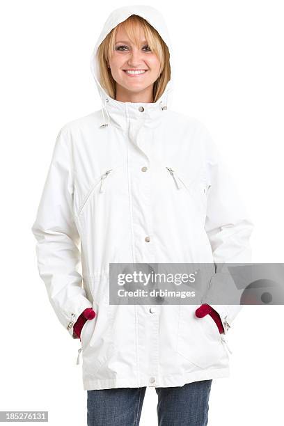 happy woman in raincoat - regnkläder bildbanksfoton och bilder