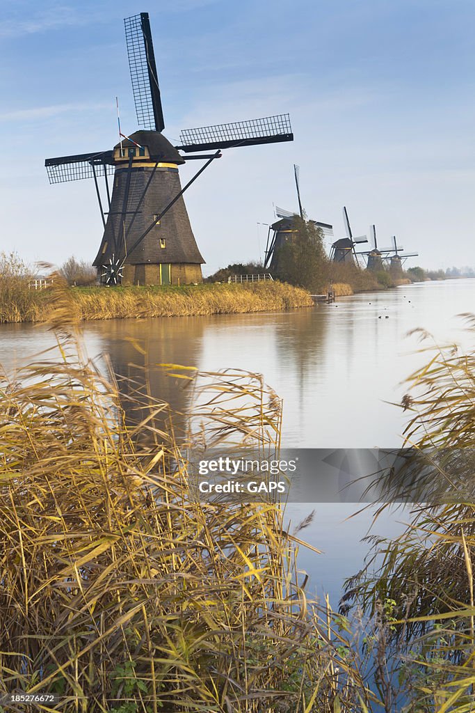 Traditional Dutch windmills in a row at Kinderdijk