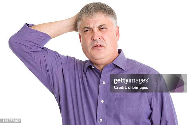 confused man scratching head - overweight 40 year old male concerned stock pictures, royalty-free photos & images