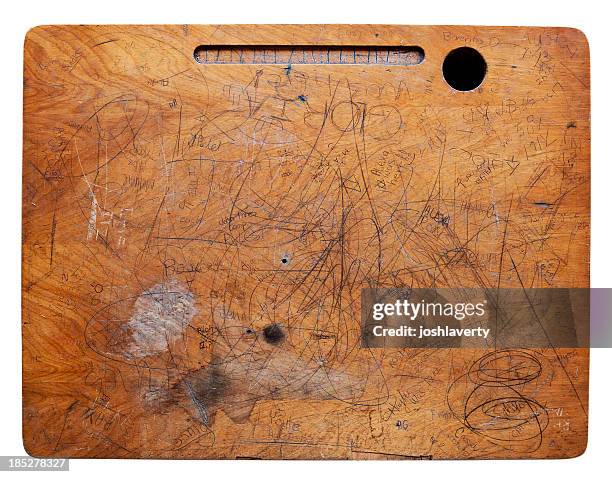 beat up desk surface - vandalisme stockfoto's en -beelden