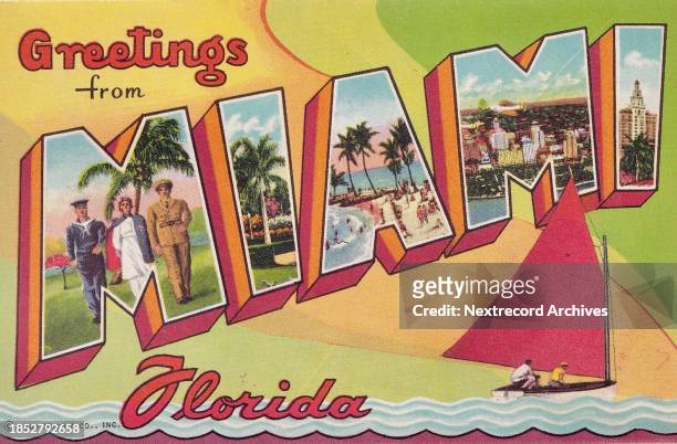 Vintage colorized historic souvenir photo postcard published circa 1945 as part of a series titled, 'Moon Over Miami,' with bubble text that reads...