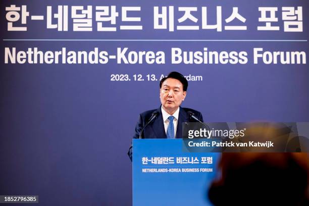 President of the Republic of Korea Yoon Suk Yeo speaks during the Netherlands - Korea Business Forum at Hotel Krasnapolsky on December 13, 2023 in...