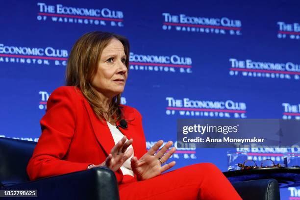 Mary Barra, CEO of General Motors, speaks during an interview with David Rubenstein, the President of The Economic Club at the Ritz Carlton Hotel on...