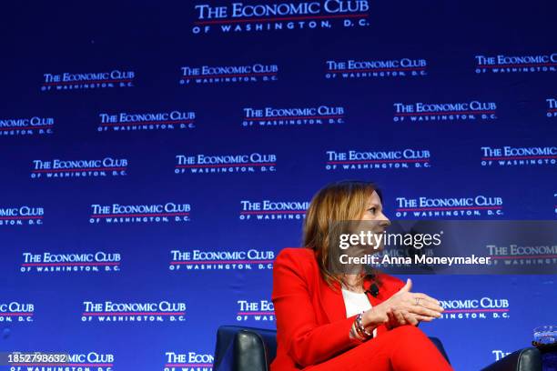 Mary Barra, CEO of General Motors, speaks during an interview with David Rubenstein, the President of The Economic Club at the Ritz Carlton Hotel on...