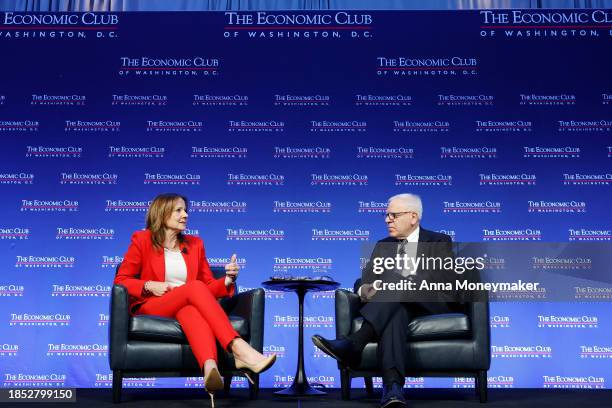 Mary Barra, CEO of General Motors, speaks during an interview with David Rubenstein, the President of The Economic Club at the Ritz Carlton Hotel on...