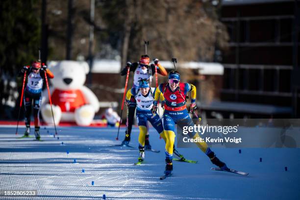 Elvira Oeberg of Sweden at the finish during the Women 10 km Pursuit at the BMW IBU World Cup Biathlon Lenzerheide on December 16, 2023 in...