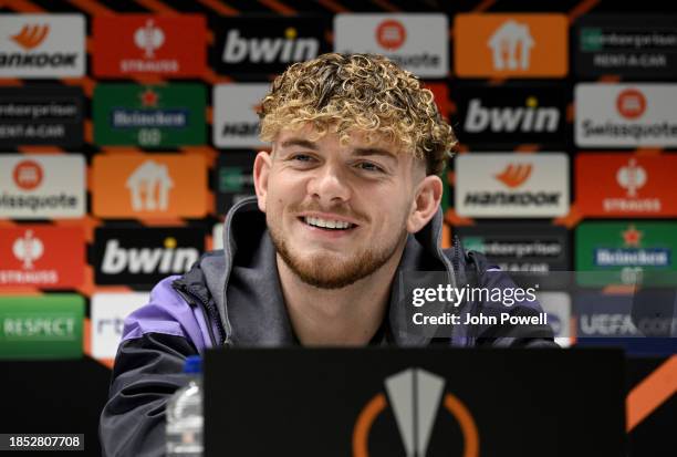 Harvey Elliott of Liverpool during a press conference at Stade Joseph Marien on December 13, 2023 in Brussels, Belgium.