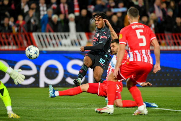Micah Hamilton of Manchester City scores his team's first goal during the UEFA Champions League match between FK Crvena Zvezda and Manchester City at...