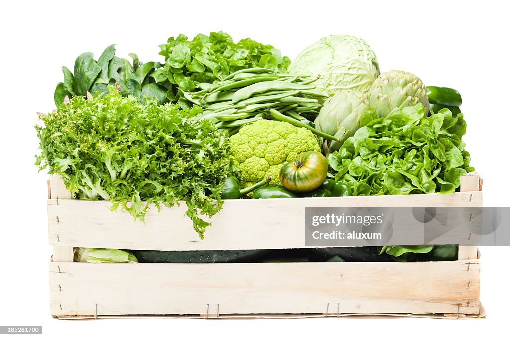 A box full of various green vegetables 