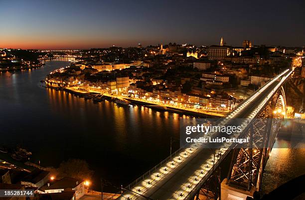 porto and bridge d. luis at night - ribeira porto stock pictures, royalty-free photos & images