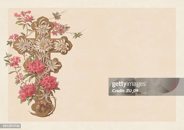 stockillustraties, clipart, cartoons en iconen met cross with flowers, lithograph, published in 1867 - edelweiss flower