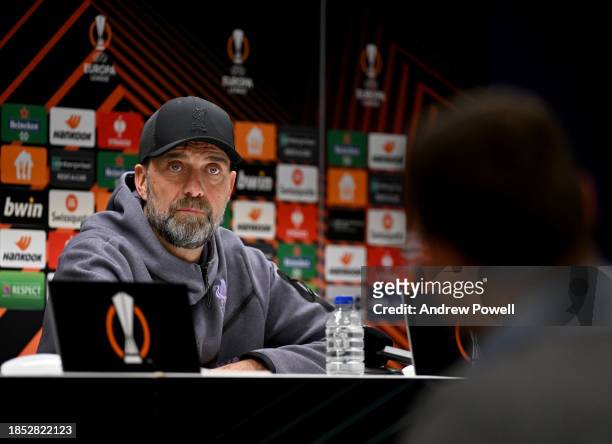 Jurgen Klopp manager of Liverpool during a press conference at Stade Joseph Marien on December 13, 2023 in Brussels, Belgium.