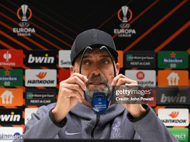 Jurgen Klopp manager of Liverpool during the press conference at R.A.C Anderlecht Lotto Park on December 13, 2023 in Brussels, Belgium.