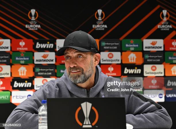 Jurgen Klopp manager of Liverpool during the press conference at R.A.C Anderlecht Lotto Park on December 13, 2023 in Brussels, Belgium.