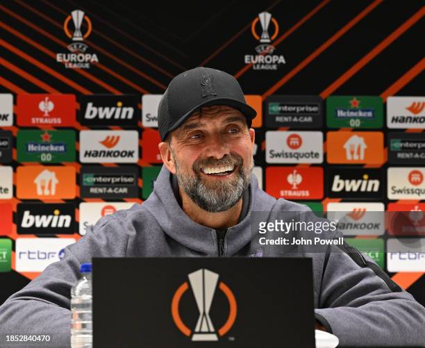 Jurgen Klopp manager of Liverpool during the press conference at R.A.C Anderlecht Lotto Park on December 13, 2023 in Brussels, Belgium.