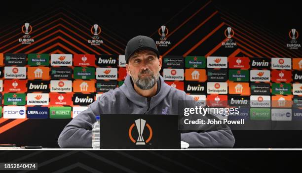 Jurgen Klopp manager of Liverpool during the press conference at R.A.C Anderlecht Lotto Park on December 13, 2023 in Brussels, Belgium.