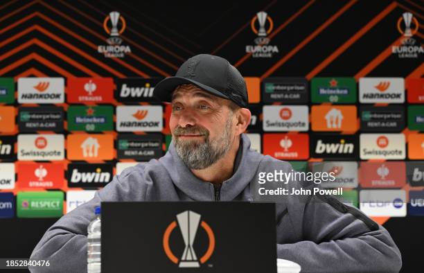 Jurgen Klopp manager of Liverpool during the press conference at R.A.C Anderlecht Lotto Park on December 13, 2023 in Brussels, Belgium.