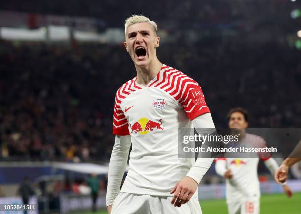 Benjamin Sesko of RB Leipzig celebrates after scoring their team's first goal during the UEFA Champions League match between RB Leipzig and BSC Young...