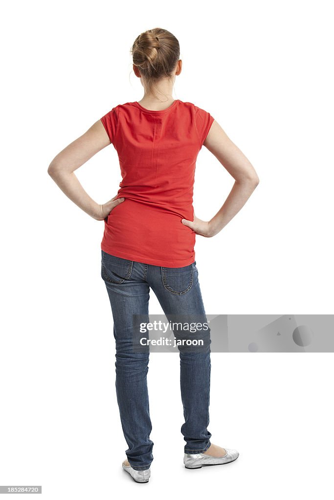 Posterior de Chica adolescente en una camiseta roja