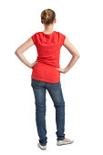 back of teenager girl in red tshirt