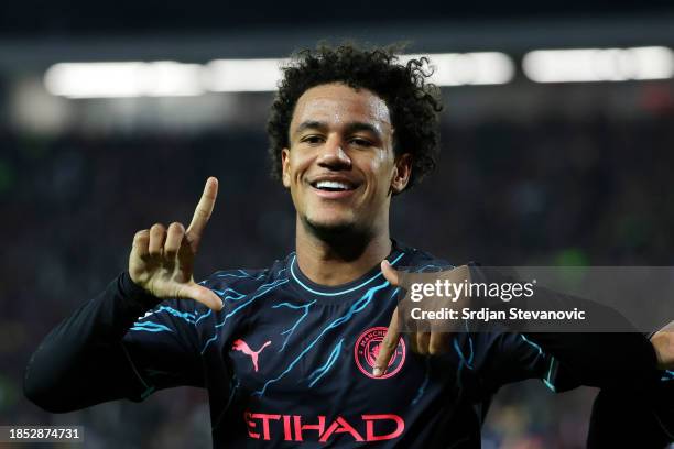 Oscar Bobb of Manchester City celebrates after scoring their team's second goal during the UEFA Champions League match between FK Crvena zvezda and...