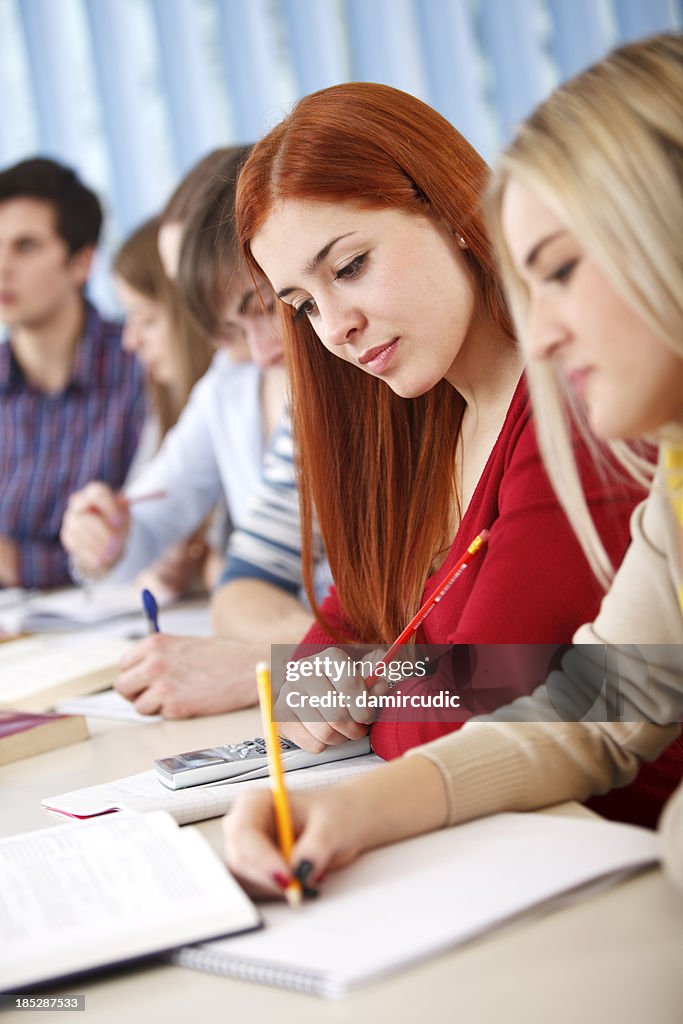 Group of college students studying in classroom