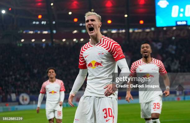 Benjamin Sesko of RB Leipzig celebrates the teams first goal during the UEFA Champions League match between RB Leipzig and BSC Young Boys at Red Bull...