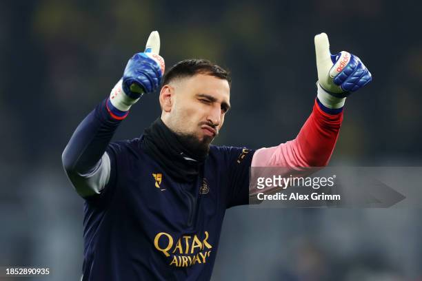 Gianluigi Donnarumma of Paris Saint-Germain acknowledges the fans in the warm up prior to the UEFA Champions League match between Borussia Dortmund...