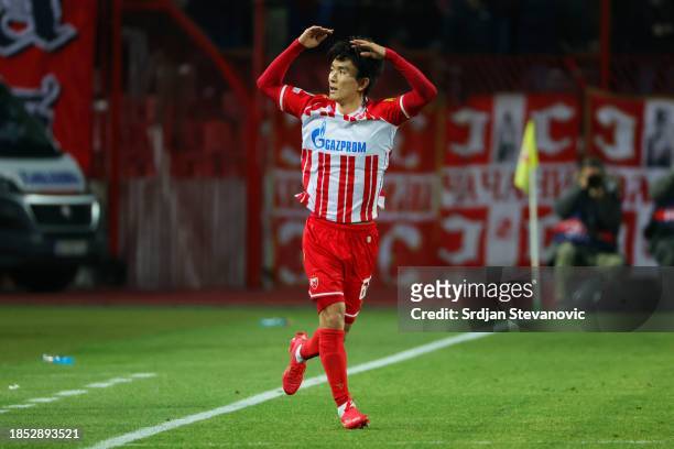Hwang In-beom of FK Crvena zvezda celebrates after scoring their team's first goal during the UEFA Champions League match between FK Crvena zvezda...
