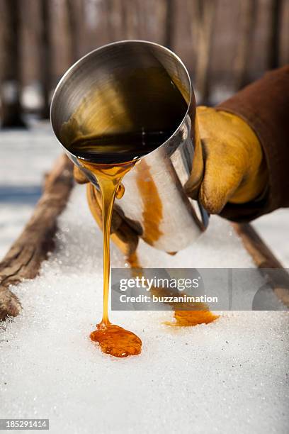 man pouring syrup from a tin cup into the snow - maple syrup stock pictures, royalty-free photos & images
