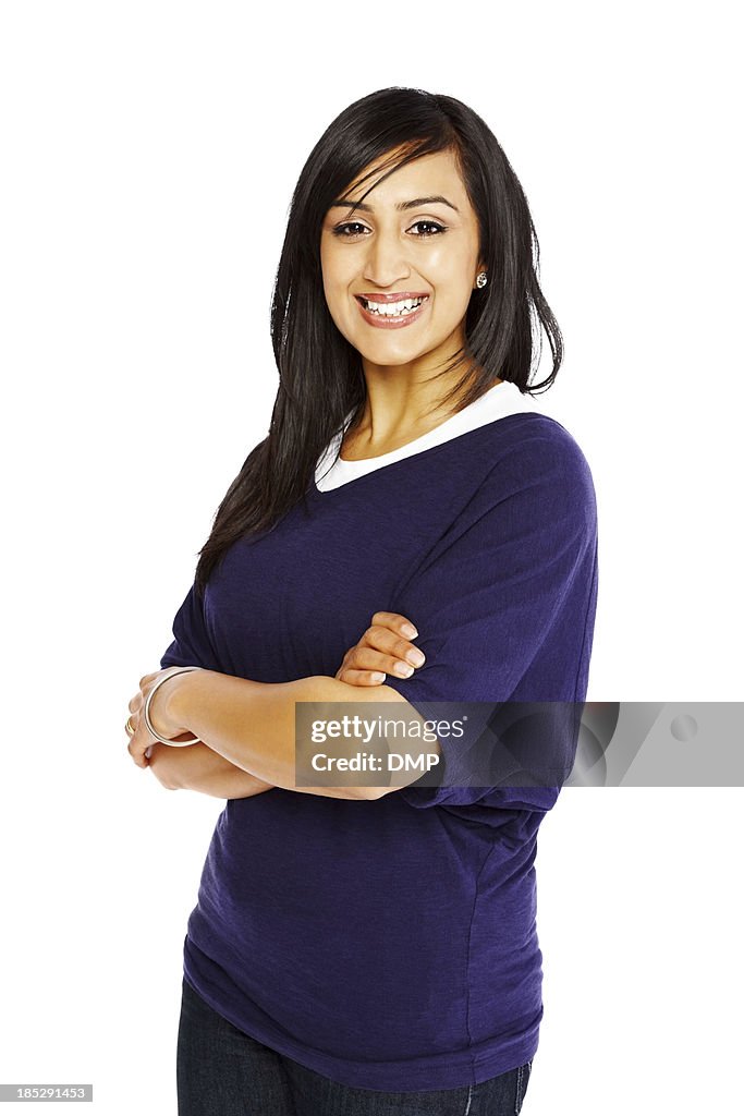 Portrait of smiling young Indian woman on white