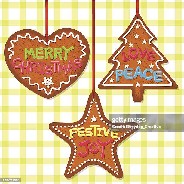 set of christmas gingerbread on gingham tablecloth - linen tablecloth stock illustrations