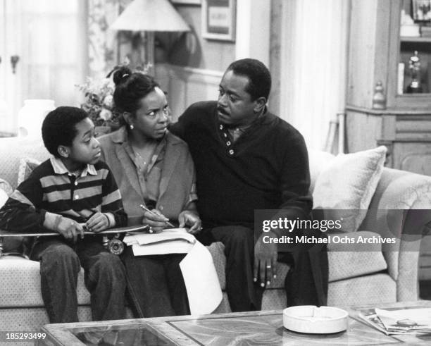 Comedian Flip Wilson as Charlie Richmond has a serious talk with his wife Diana and son Robert about his case of stage fright on the TV show "Charlie...