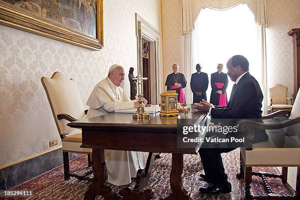 Pope Francis receives in audience Cameroon President Paul Biya at Vatican Apostolic Palace on October 18, 2013 in Vatican City, Vatican. During the...